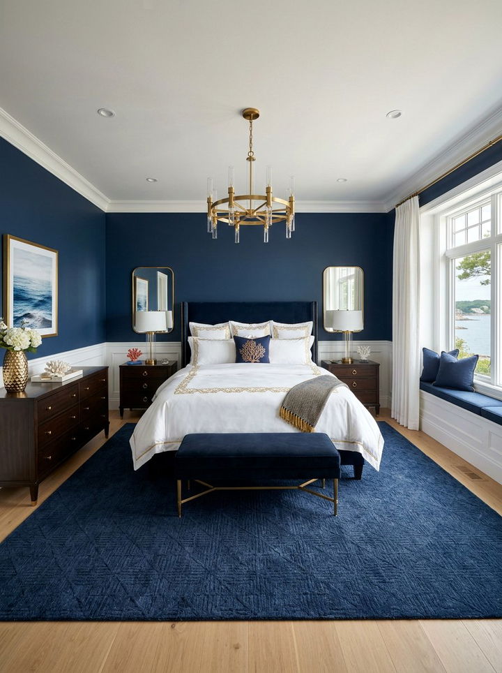 Navy and gold coastal bedroom - 30 coastal bedroom color ideas