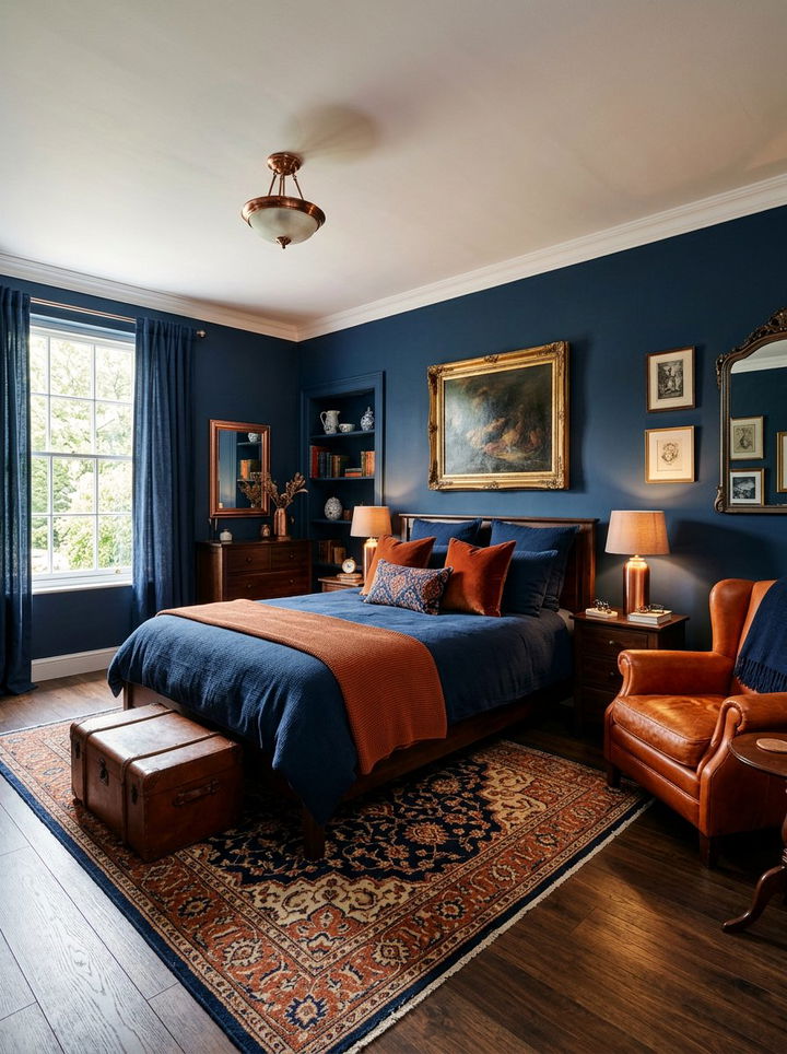 Navy and orange accent bedroom - 30 traditional navy bedroom ideas