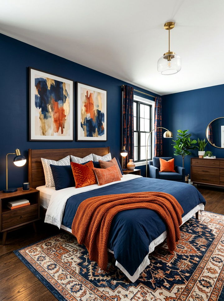 Navy and orange bedroom - 30 navy bedroom decor ideas