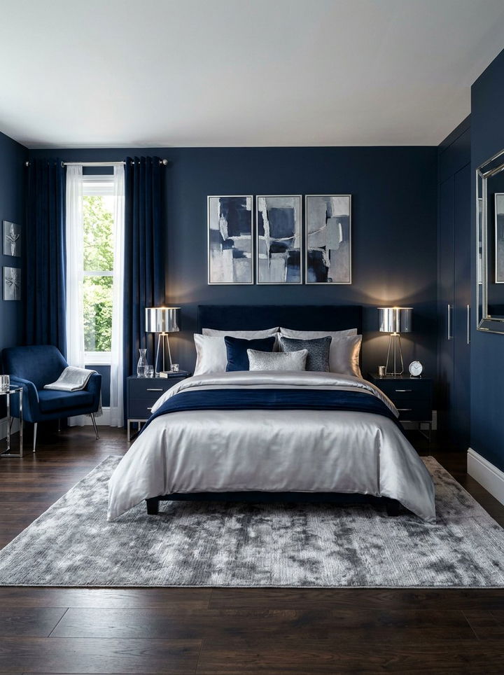 Navy and silver bedroom - 30 navy bedroom decor ideas
