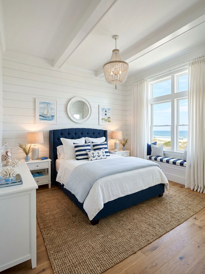 Navy and white coastal bedroom - 30 coastal bedroom color ideas