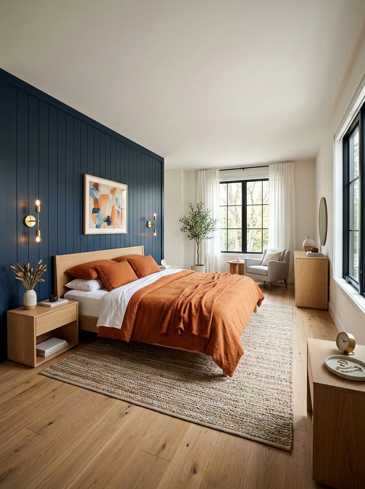 Navy blue accent wall with burnt orange bedding - 30 burnt orange and navy bedroom ideas