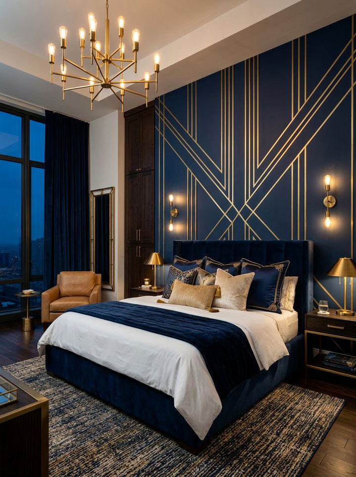 Navy blue accent wall with gold stripes - 30 bedroom striped wall ideas