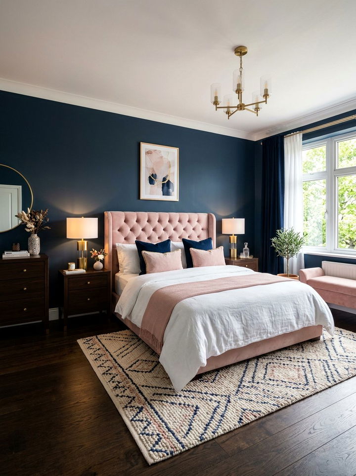 Navy blue and blush pink bedroom - 30 pink and blue bedroom color combo