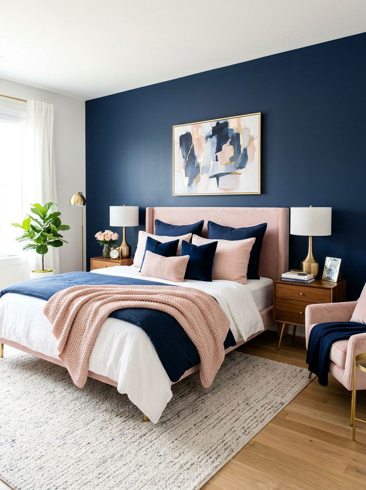 Navy blue and blush pink bedroom - 30 navy blue accent wall bedroom