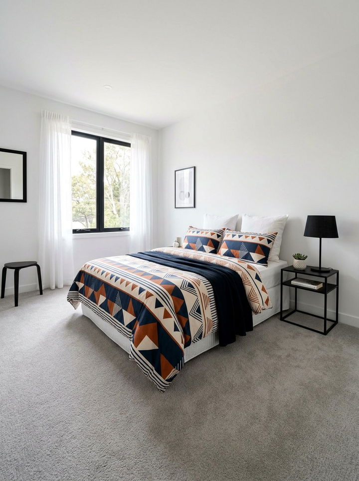 Navy blue and burnt orange geometric bedding - 30 burnt orange and navy bedroom ideas