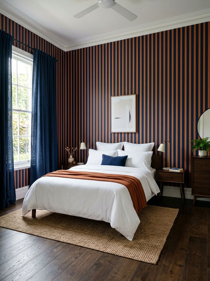 Navy blue and burnt orange striped decor - 30 burnt orange and navy bedroom ideas