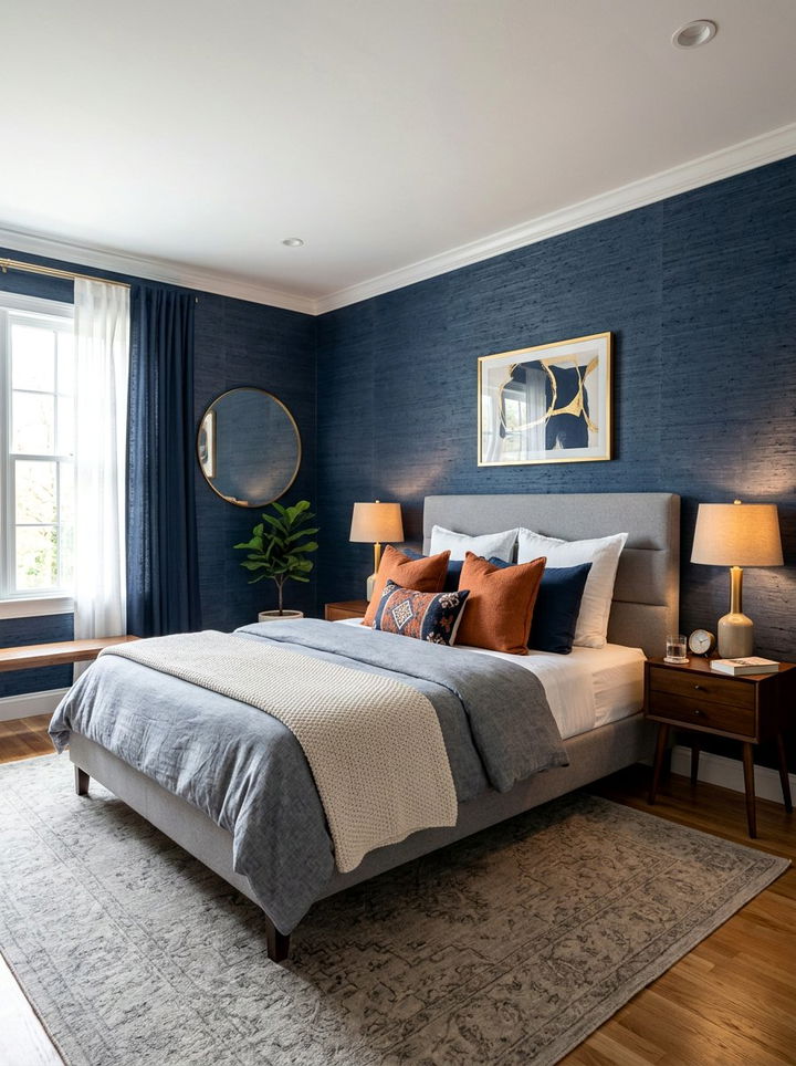 Navy blue and burnt orange textured walls - 30 burnt orange and navy bedroom ideas