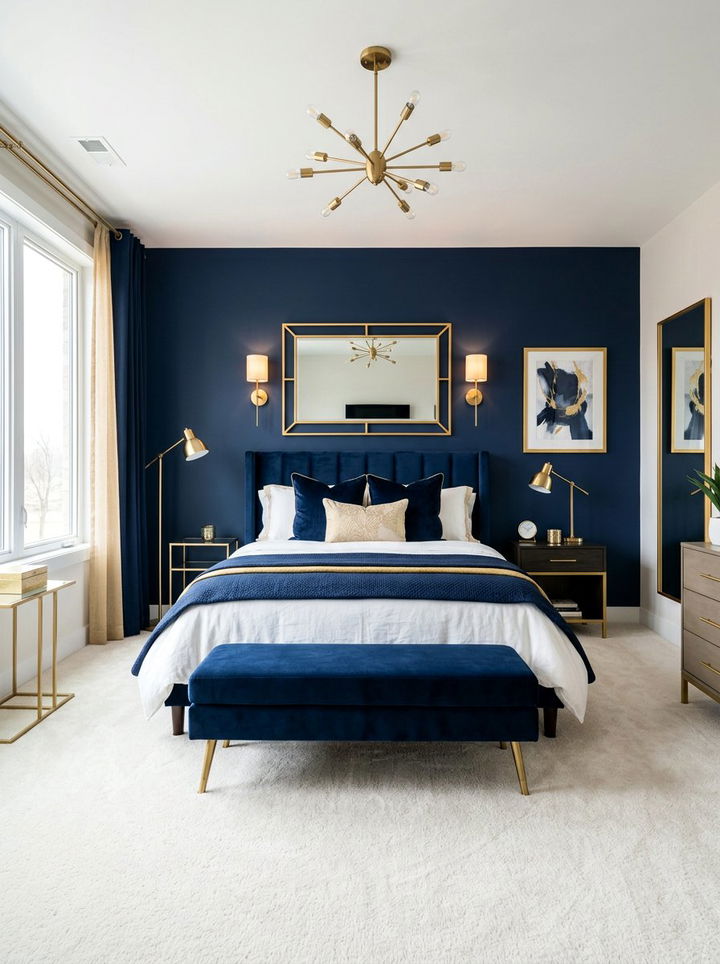 Navy blue and gold bedroom - 30 navy blue accent wall bedroom