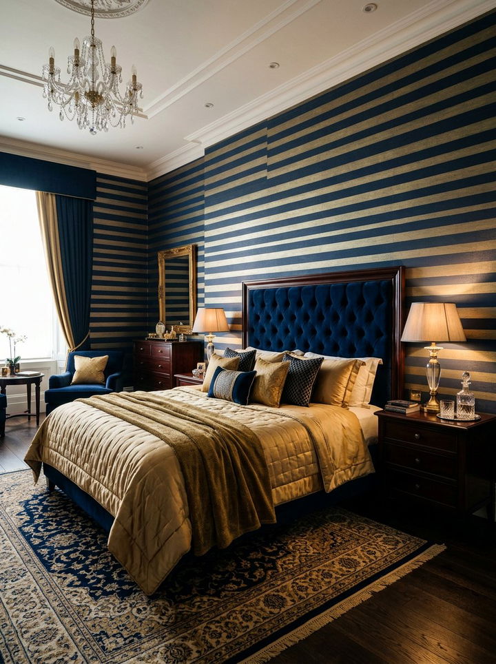 Navy blue and gold stripe - 30 bedroom striped wallpapers