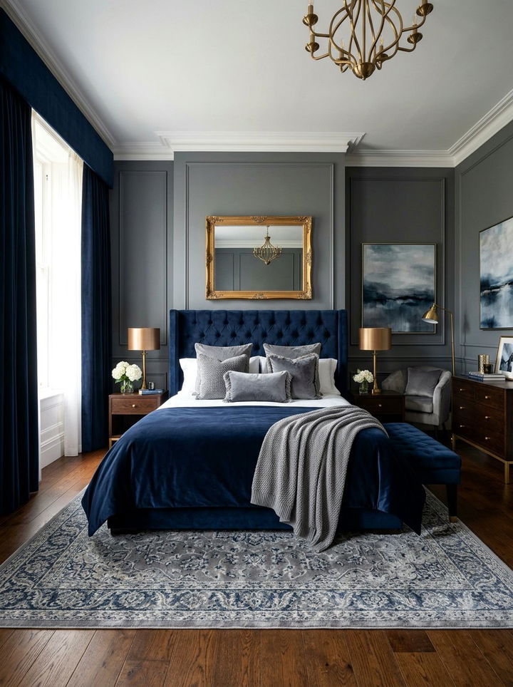 Navy blue and grey velvet bedroom - 30 blue and gray bedroom ideas