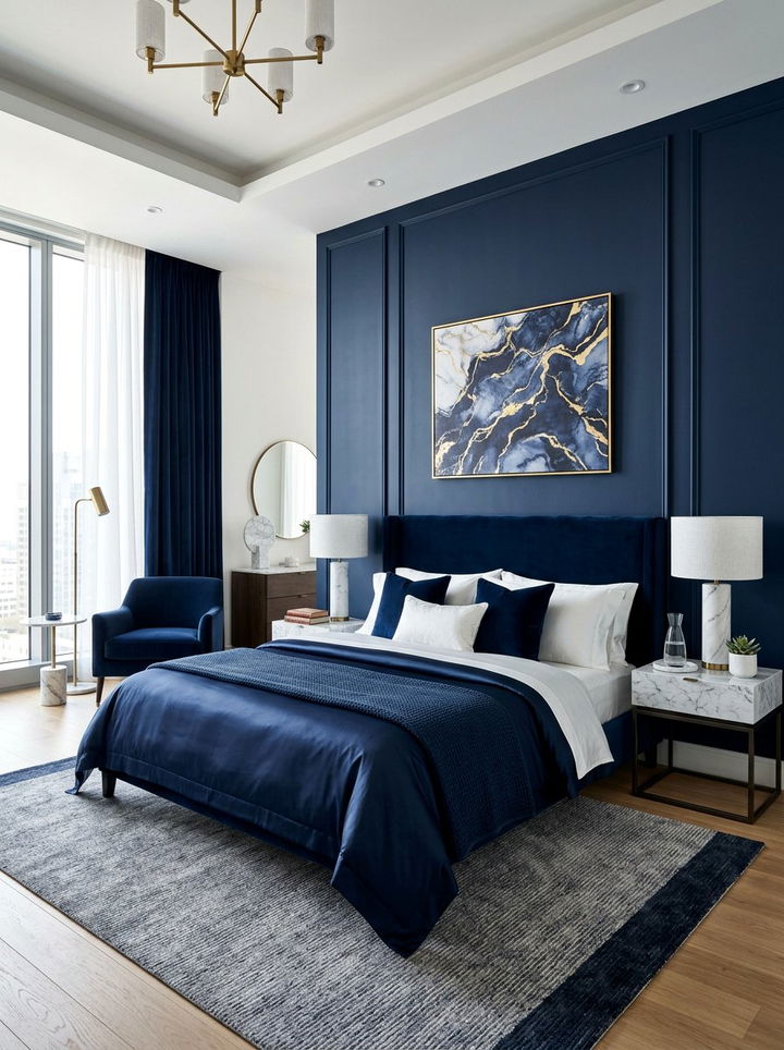 Navy blue and marble bedroom - 30 navy blue accent wall bedroom