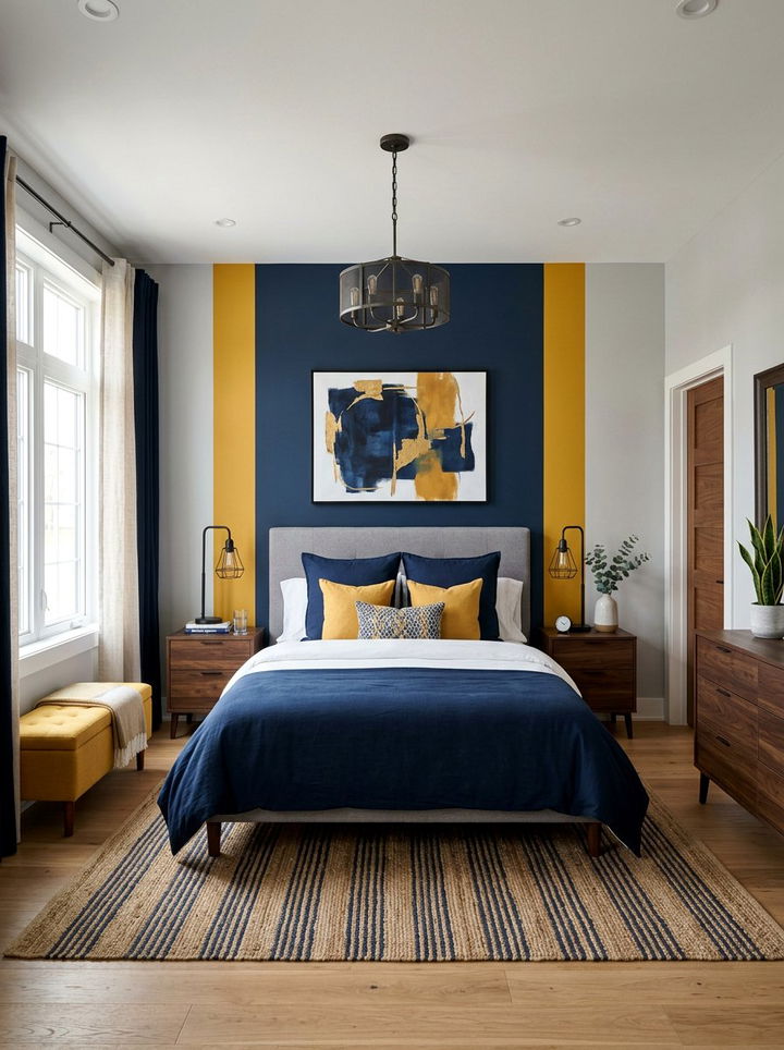 Navy blue and mustard yellow bedroom - 30 bedroom color blocking ideas