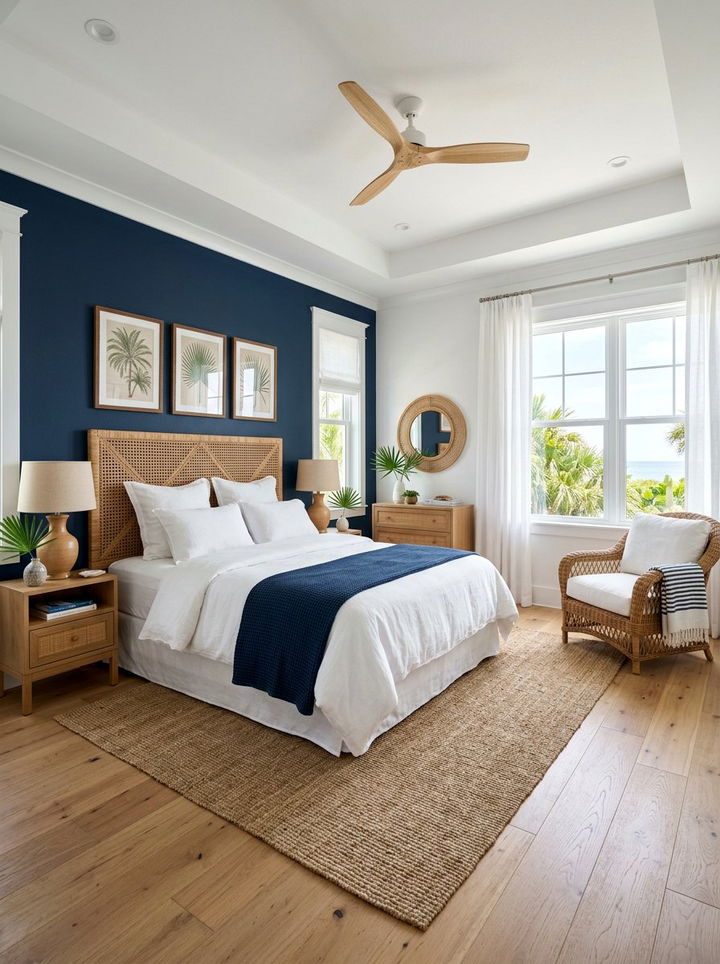 Navy blue and rattan bedroom - 30 navy blue accent wall bedroom