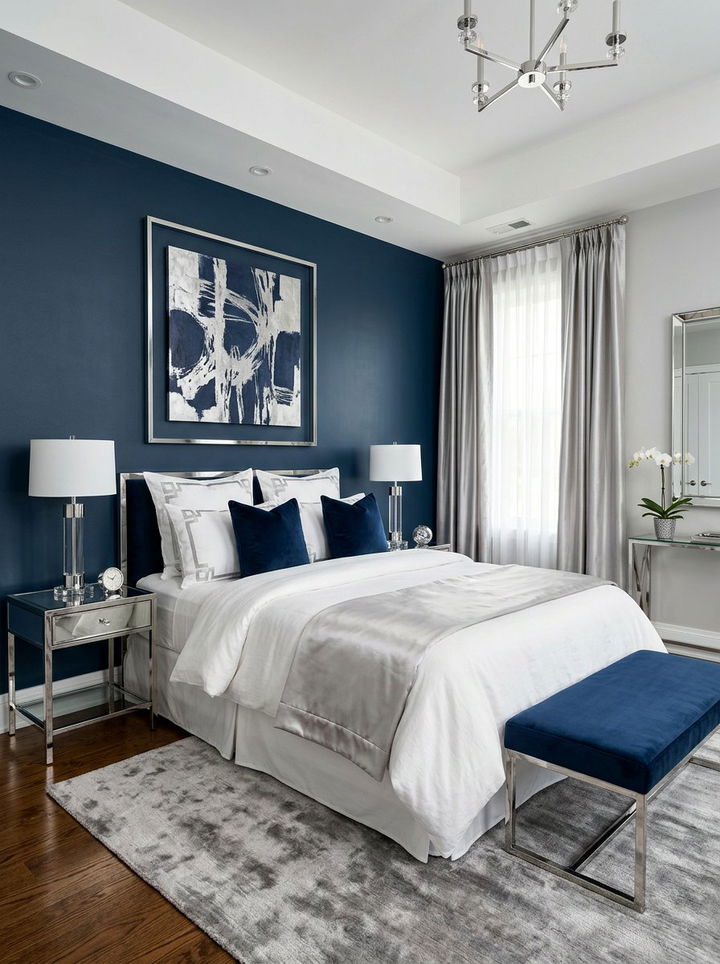 Navy blue and silver bedroom - 30 navy blue accent wall bedroom
