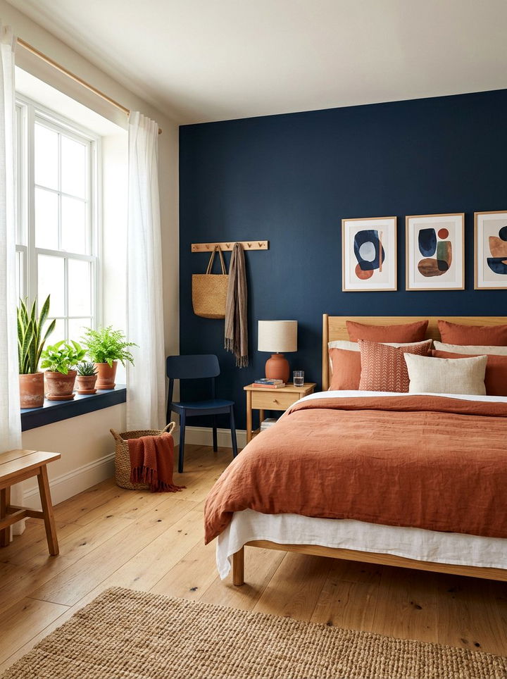 Navy blue and terracotta bedroom - 30 navy blue accent wall bedroom