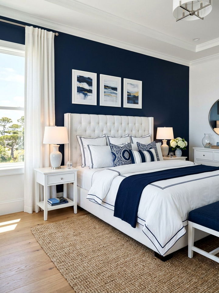 Navy blue and white master bedroom - 30 navy blue accent wall bedroom