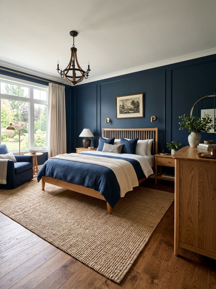 Navy blue and wood bedroom - 30 bedroom blue walls