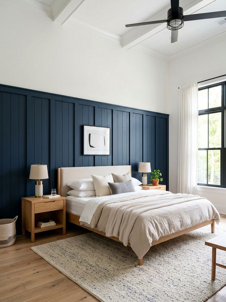 Navy blue board and batten wall - 30 navy bedroom decor ideas