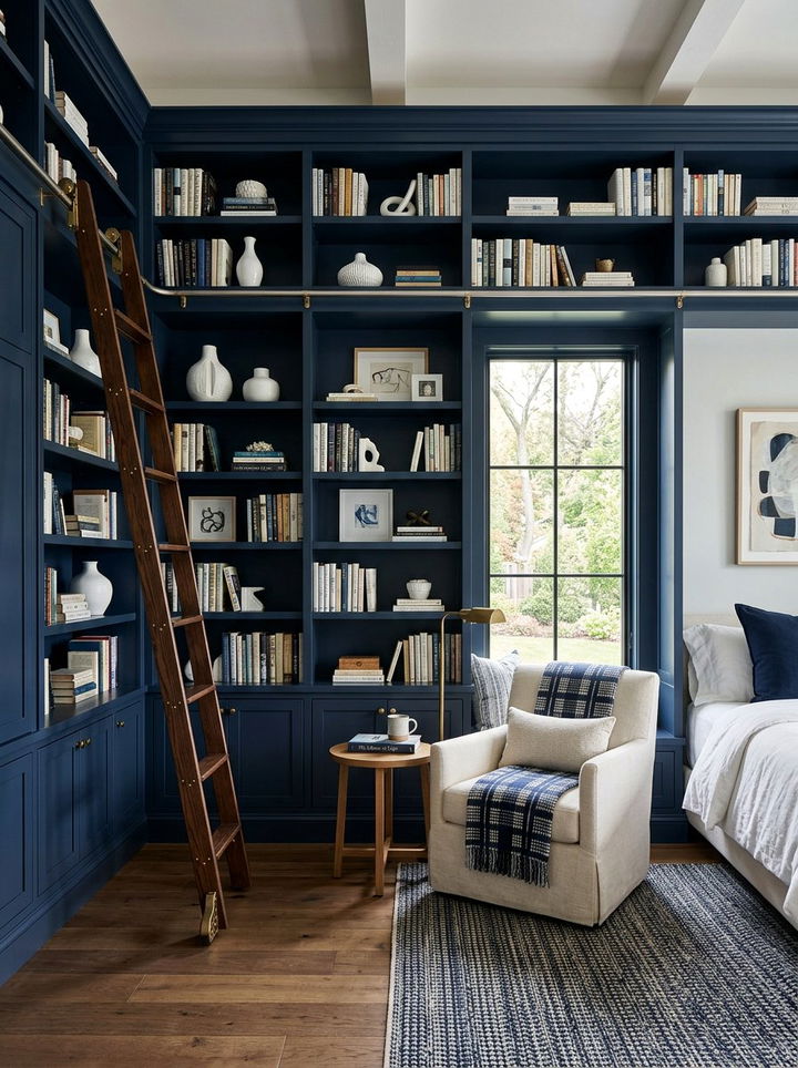 Navy blue built in bookshelves - 30 traditional blue bedroom ideas