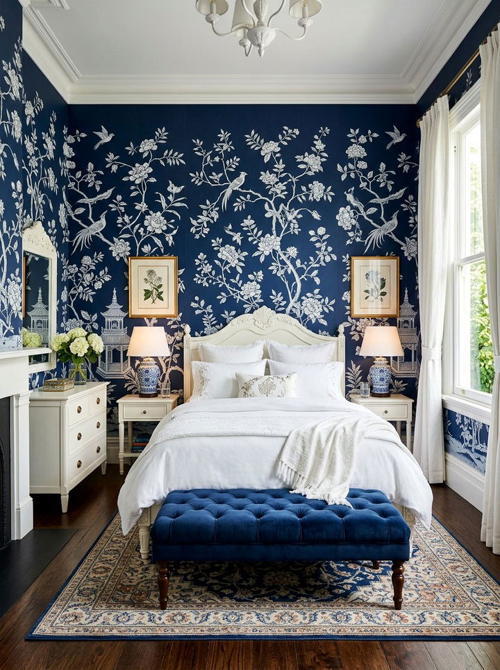 Navy blue chinoiserie bedroom - 30 traditional navy bedroom ideas