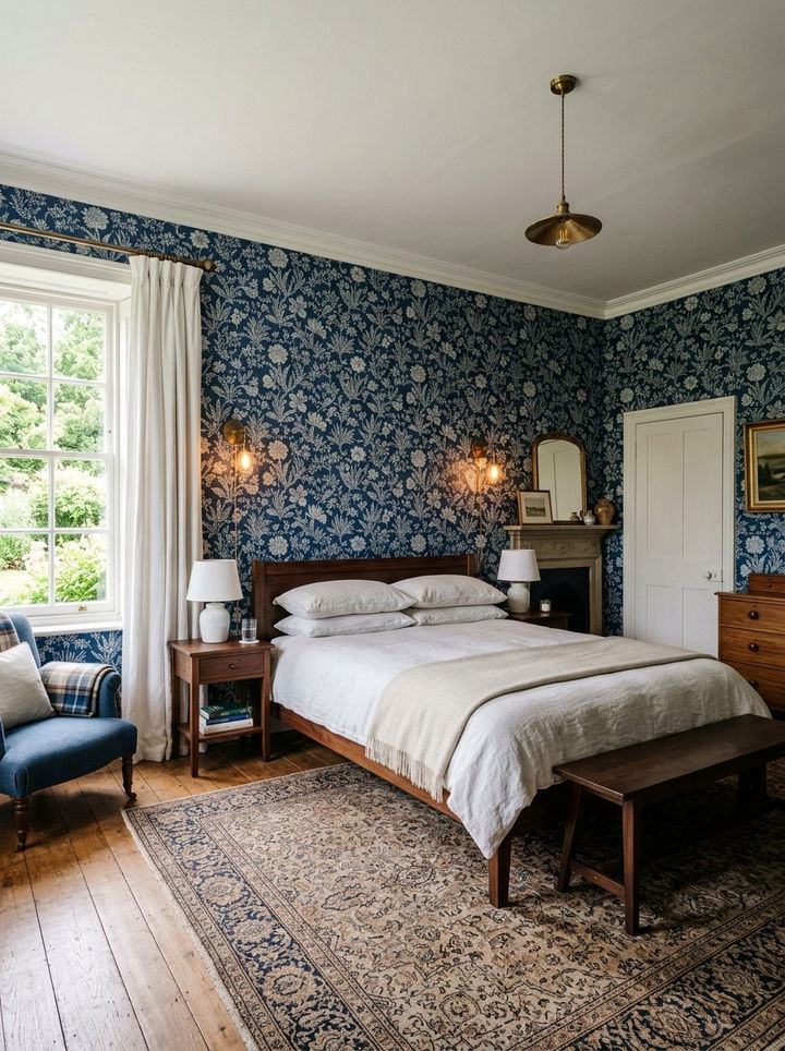 Navy blue floral wallpaper bedroom - 30 traditional navy bedroom ideas