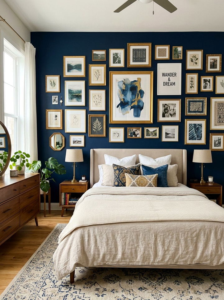 Navy blue gallery wall - 30 navy bedroom decor ideas