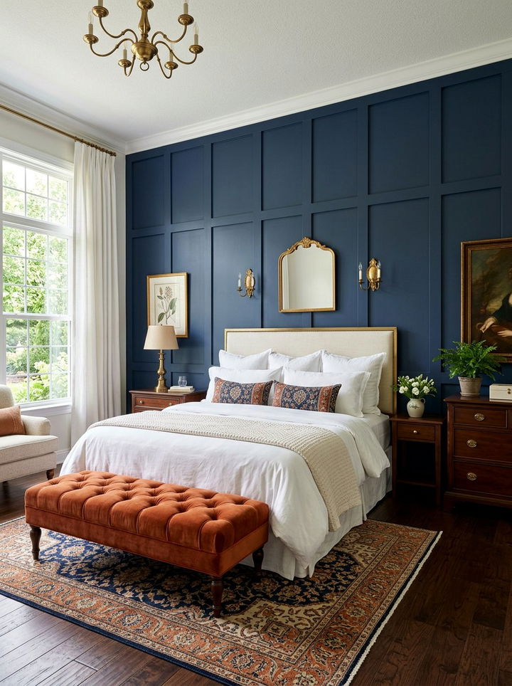 Navy blue paneling with burnt orange accents - 30 burnt orange and navy bedroom ideas