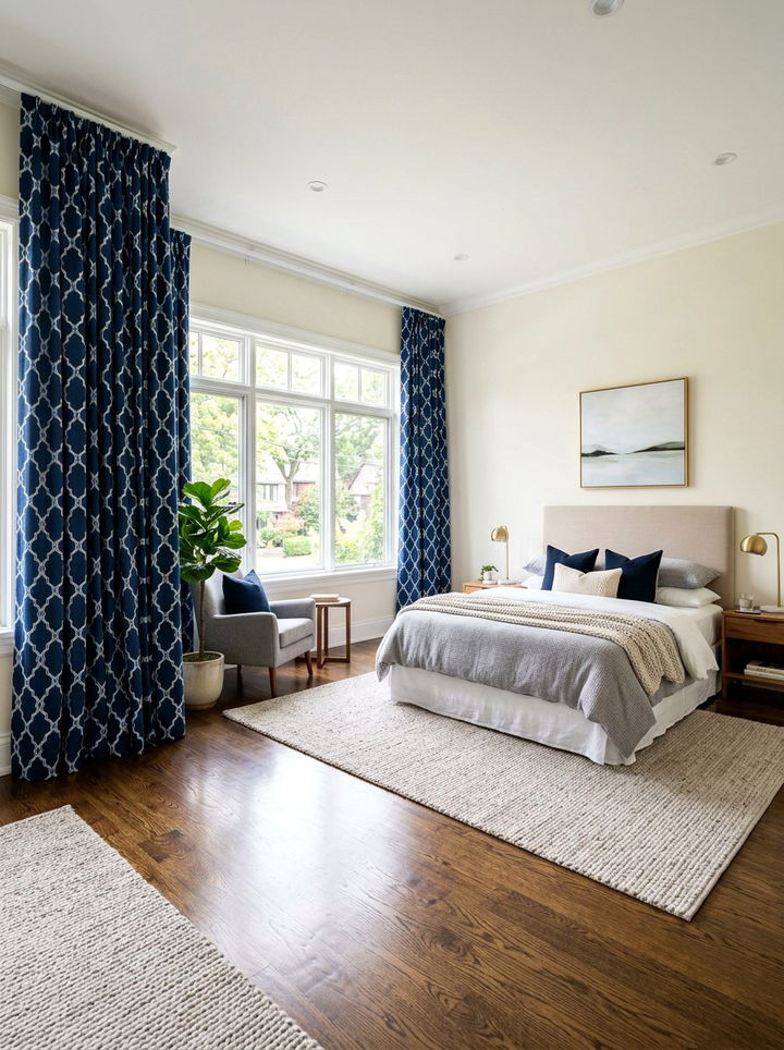 Navy blue patterned curtains - 30 navy bedroom decor ideas
