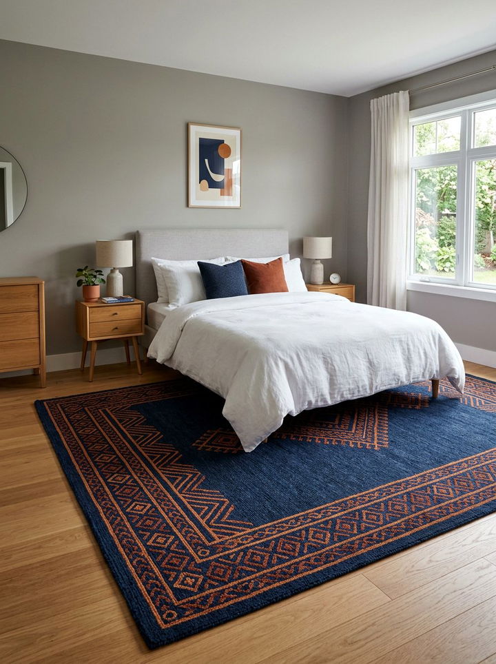 Navy blue rug with burnt orange accents - 30 burnt orange and navy bedroom ideas