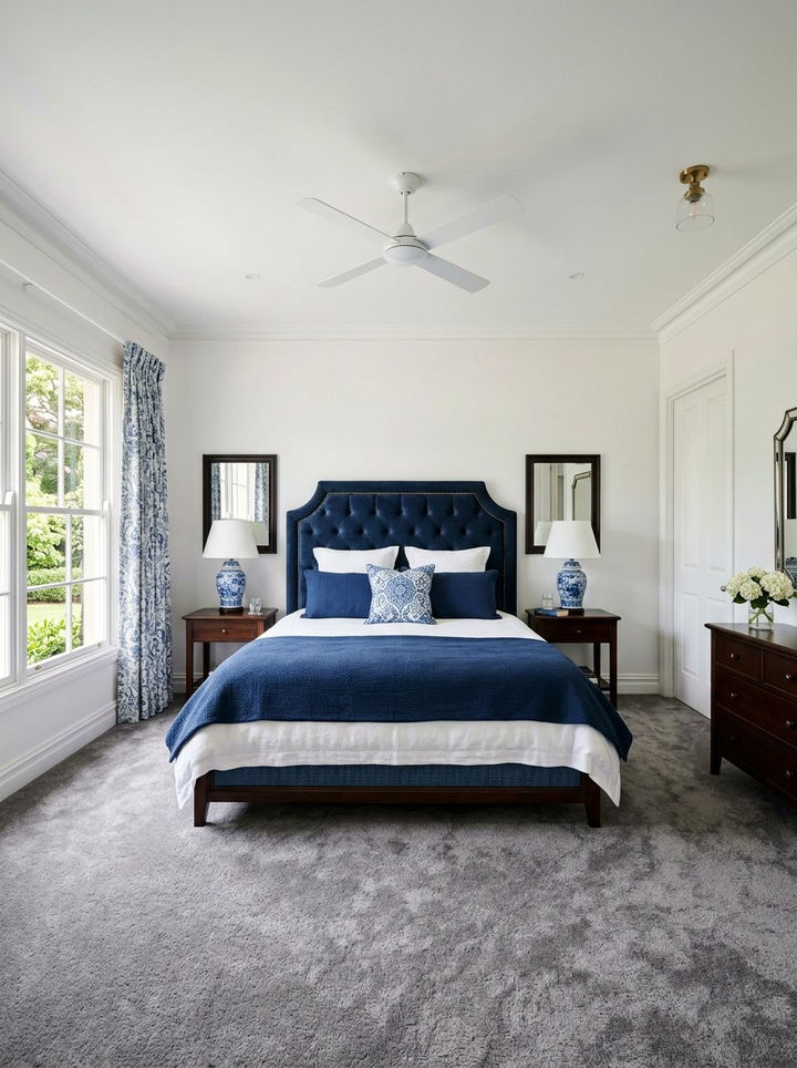Navy blue tufted headboard - 30 traditional blue bedroom ideas