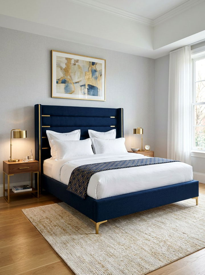 Navy blue upholstered bed - 30 bedroom bed frames