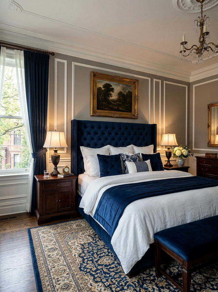 Navy blue upholstered headboard - 30 navy bedroom decor ideas