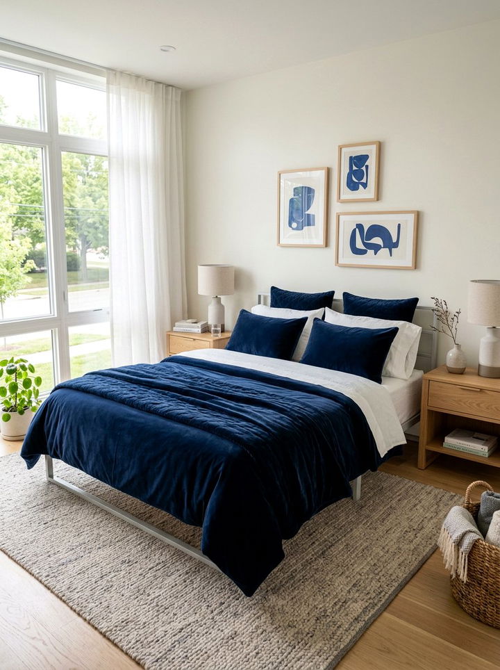 Navy blue velvet bedding - 30 bedroom velvet bedding ideas