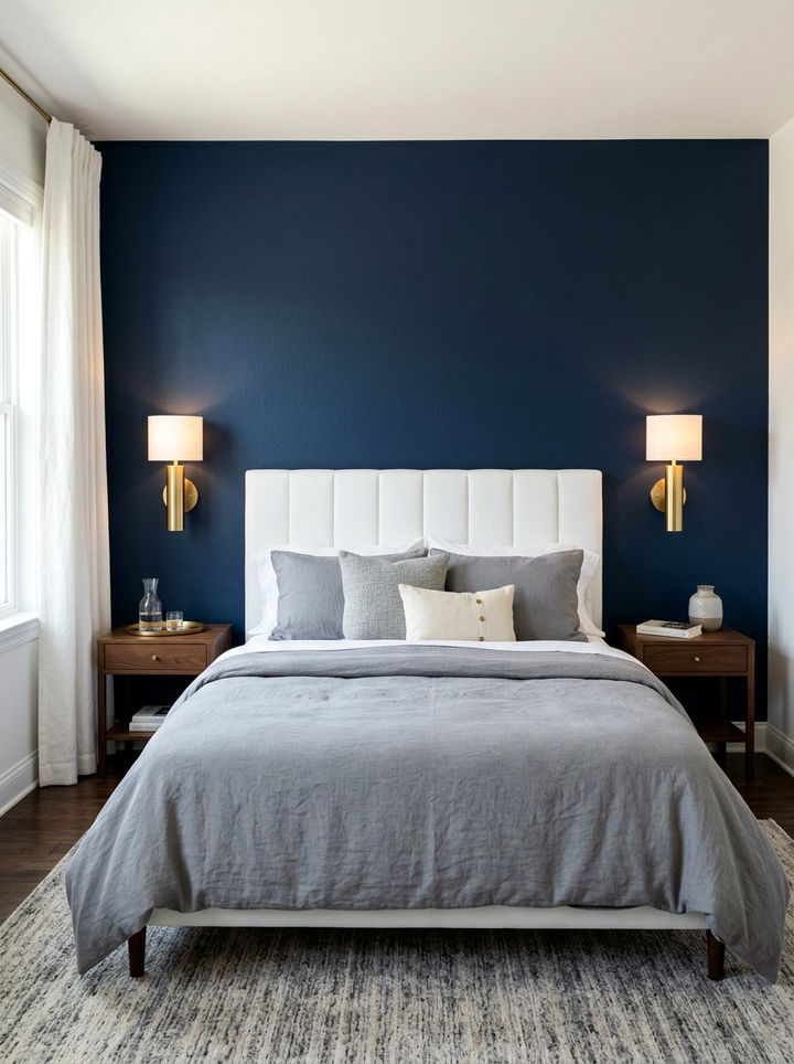 Navy blue wall with brass sconces - 30 navy blue accent wall bedroom
