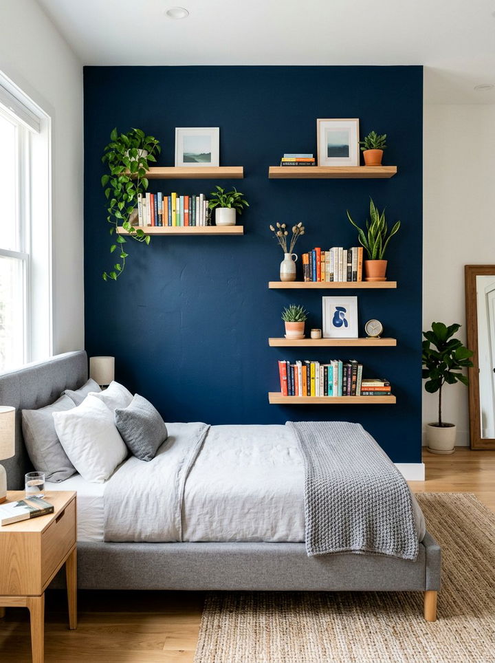 Navy blue wall with floating shelves - 30 navy blue accent wall bedroom