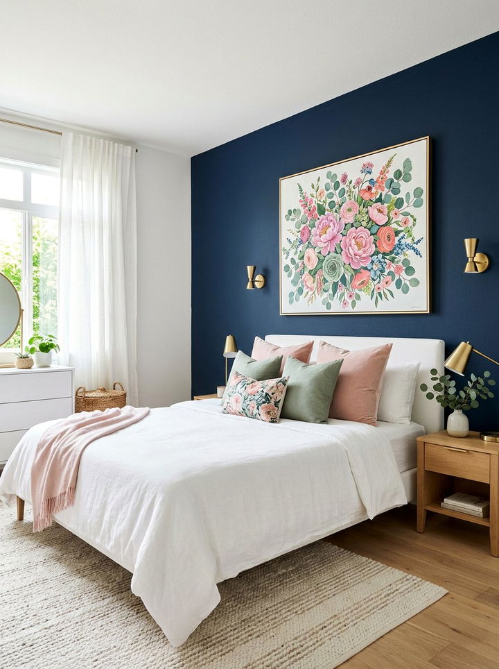 Navy blue wall with floral art - 30 navy blue accent wall bedroom