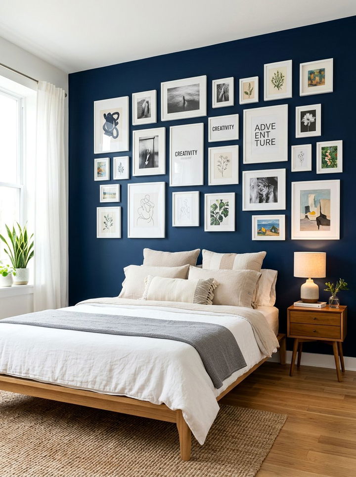 Navy blue wall with gallery wall - 30 navy blue accent wall bedroom