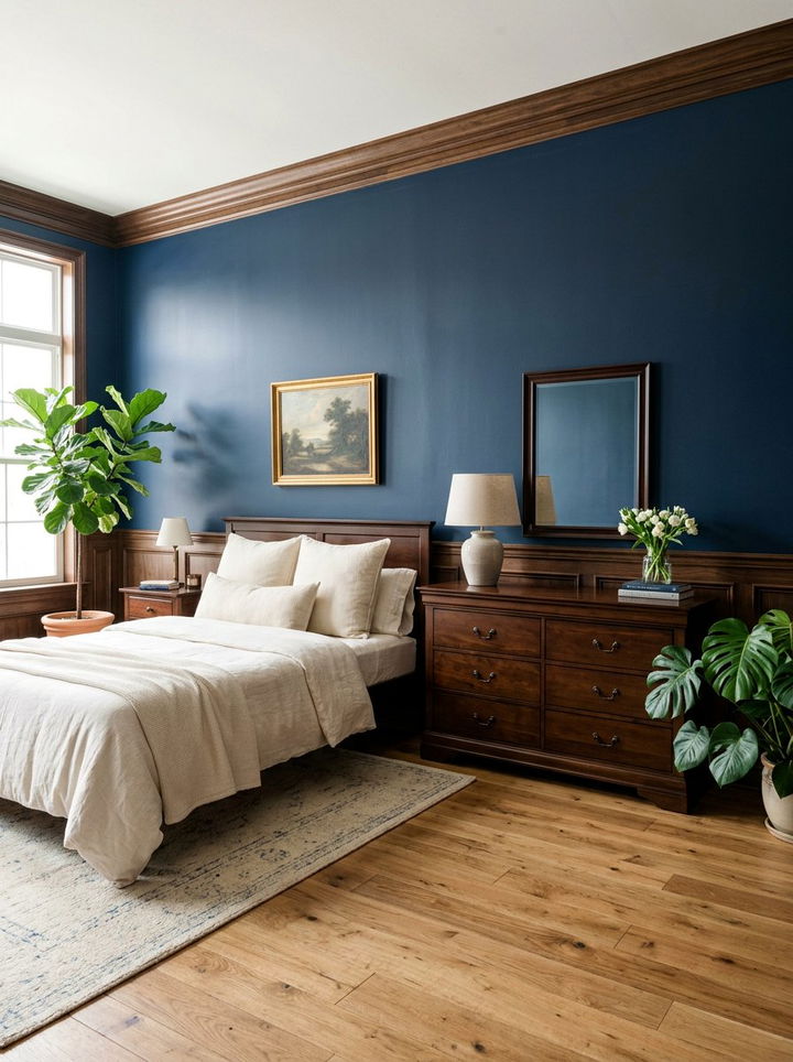 Navy blue wall with wood trim - 30 navy blue accent wall bedroom