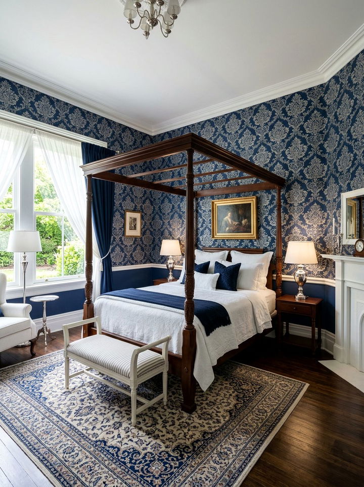 Navy damask wallpaper - 30 bedroom damask wallpapers