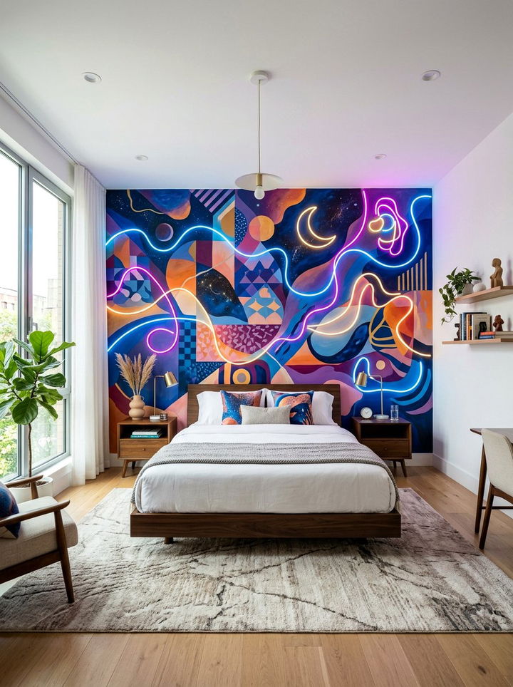 Neon Abstract Wall Mural - 30 neon color bedroom ideas