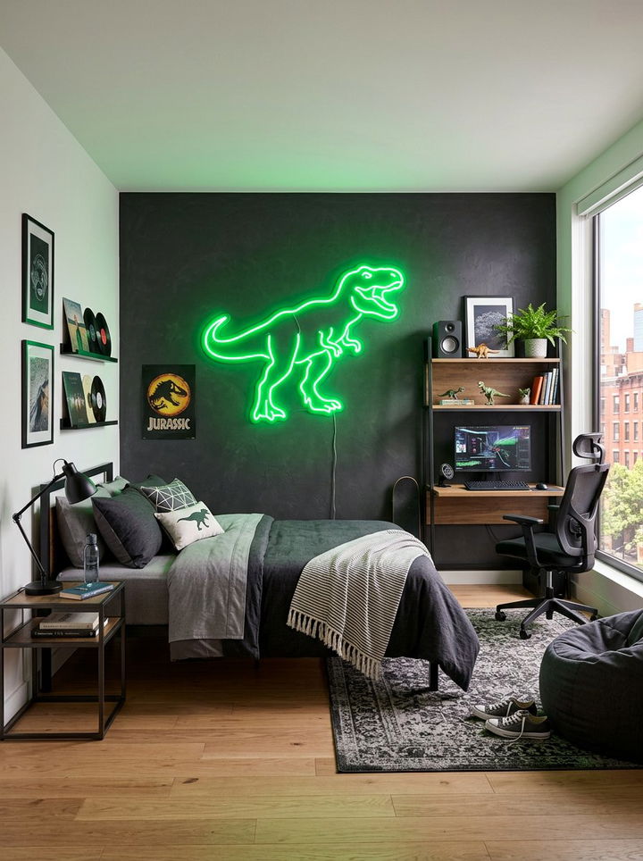 Neon Dinosaur Sign - 30 dinosaur bedroom ideas