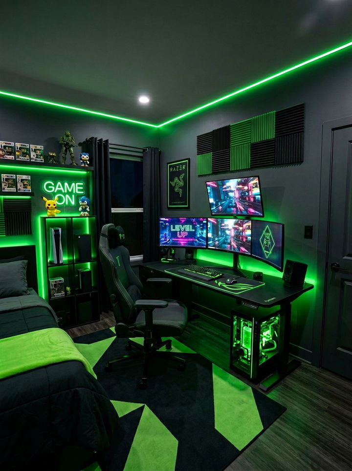 Neon Green Gamer Room - 30 green bedroom decor ideas