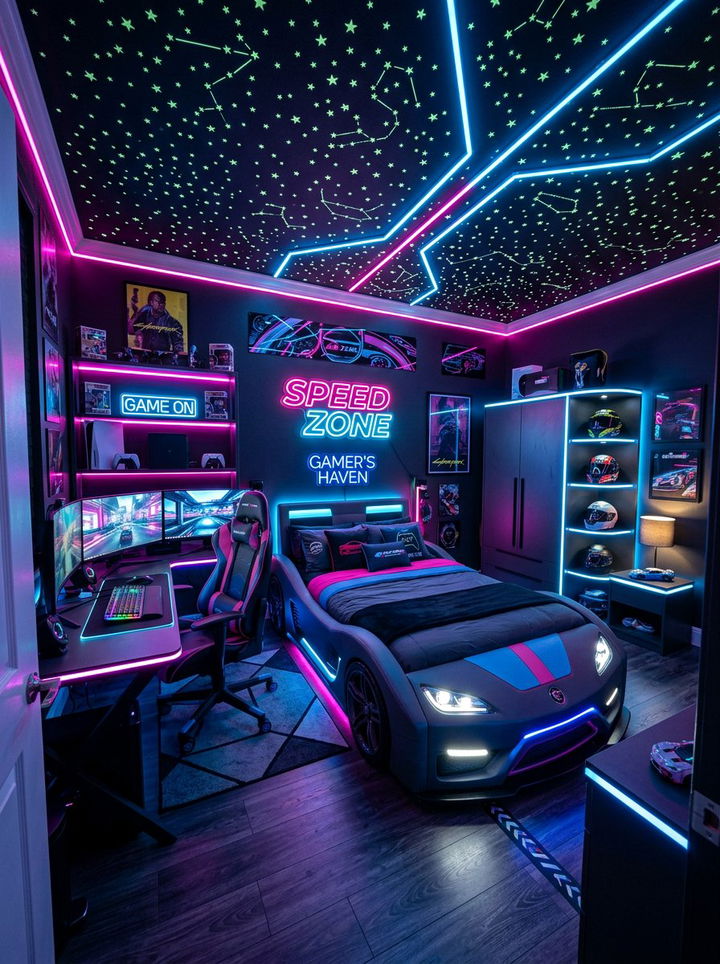 Neon Light Car Room - 30 car themed bedroom ideas
