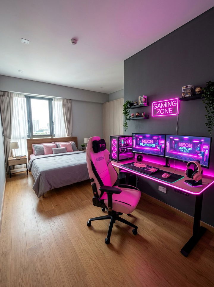 Neon Pink Gaming Station - 30 neon pink bedroom ideas