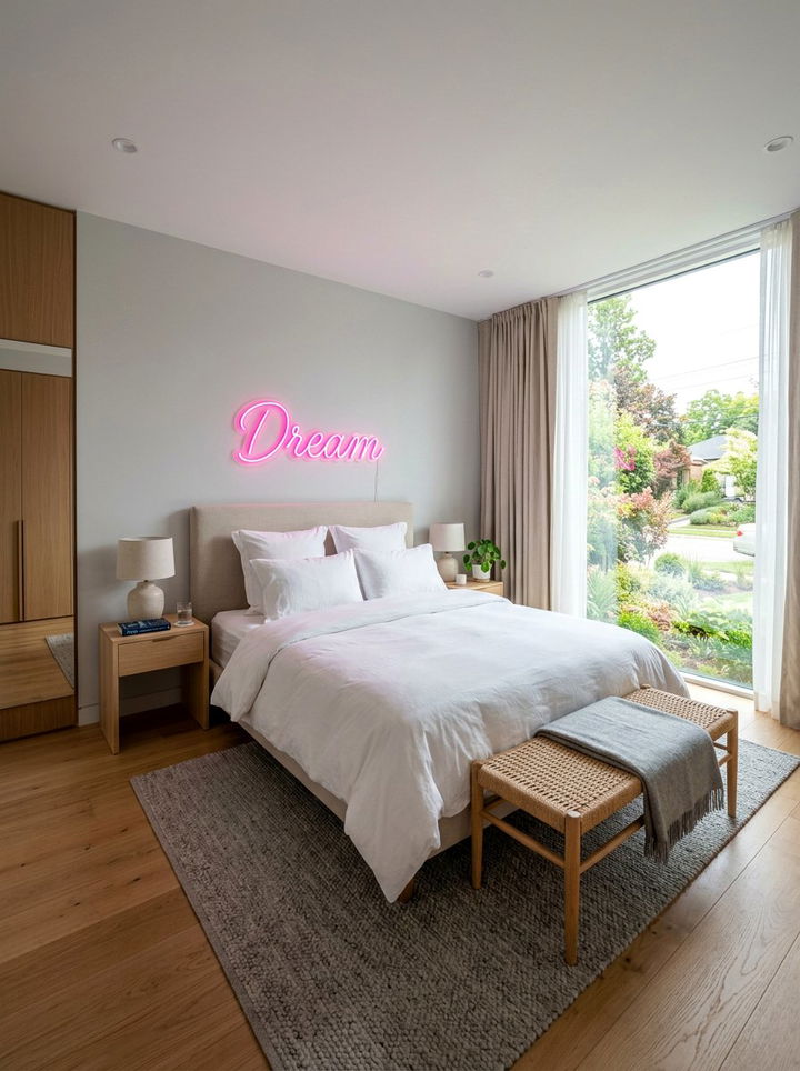 Neon Sign Above Bed - 30 neon pink bedroom ideas