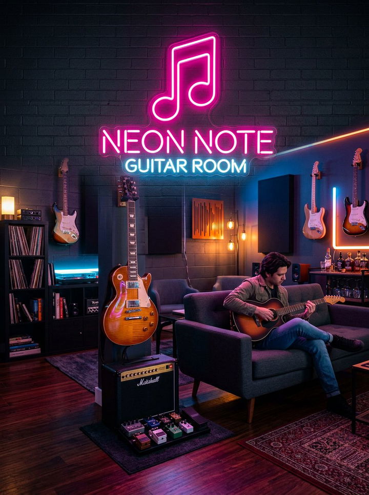 Neon Sign Guitar Room - 30 guitar bedroom ideas