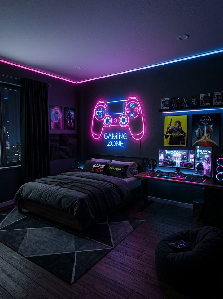 Neon Wall Sign - 30 video game bedroom ideas