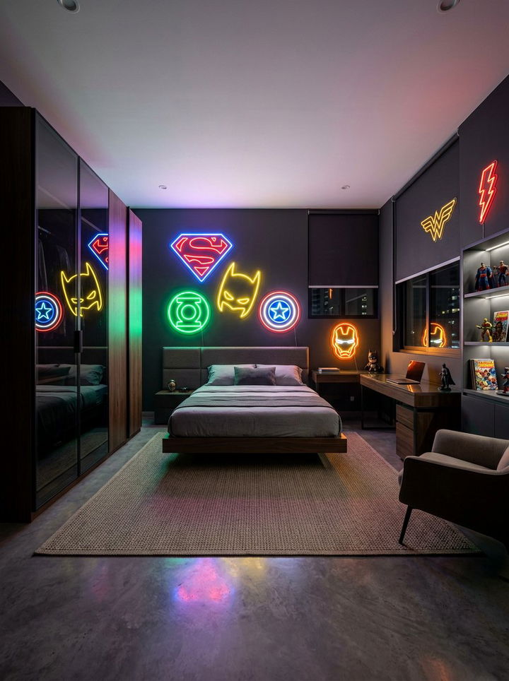 Neon light superhero bedroom - 30 superhero bedroom ideas