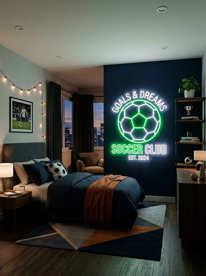Neon soccer sign - 30 soccer bedroom ideas